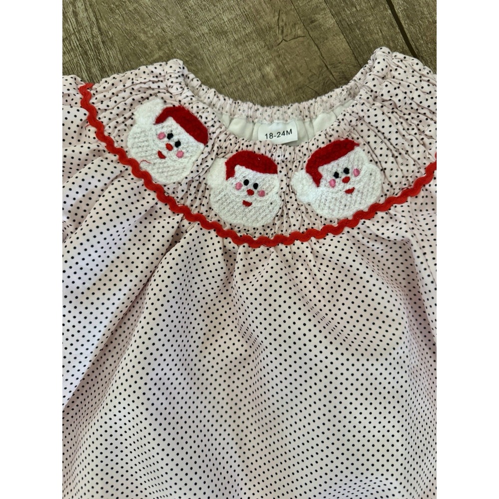 Baby Girl Christmas Santa Smocked Polka Dot Dress Red Ric-Rac Trim 18-24M - Picture 5 of 10